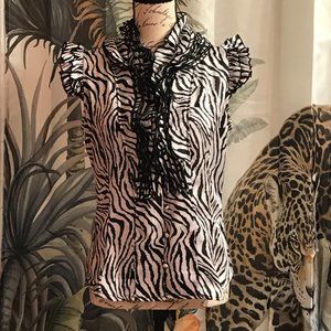 VINTAGE MILANO SATIN BUTTON FRONT RUFFLE ZEBRA PRINT BLOUSE SIZE SMALL